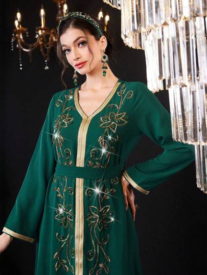 Al Najma Color Block V-Neck Long Arab Dress, Elegant Evening Party Dress