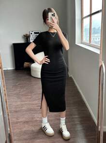 SHEIN Teen Girls'  Summer  Knitted Ribbed Waist Pleated Slit Casual Dress Graduation Outfit