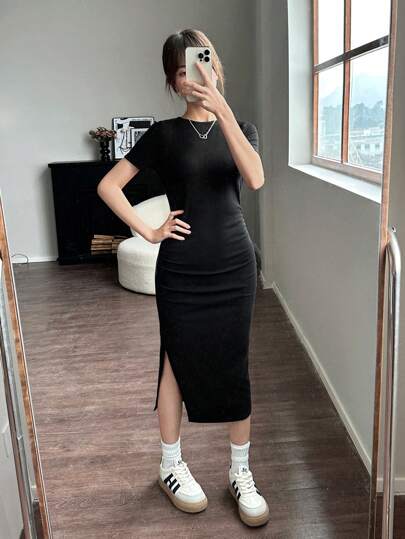SHEIN 青少女編織修身褶皺腰間開叉休閒連衣裙