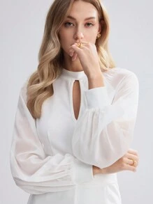 BizChic Women's Keyhole Collar See-Through Mesh Raglan Long Sleeve Jumpsuit - White - View 5