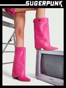 Sugerpunk Women's Pointed Toe Western Style Boots With Rivet, Chunky Heel, And Knee-high Shaft