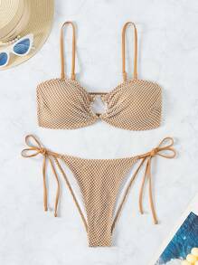 SHEIN Swim 女士菱形网眼镂空比基尼套装夏季海滩 - 卡其色 - 查看 2