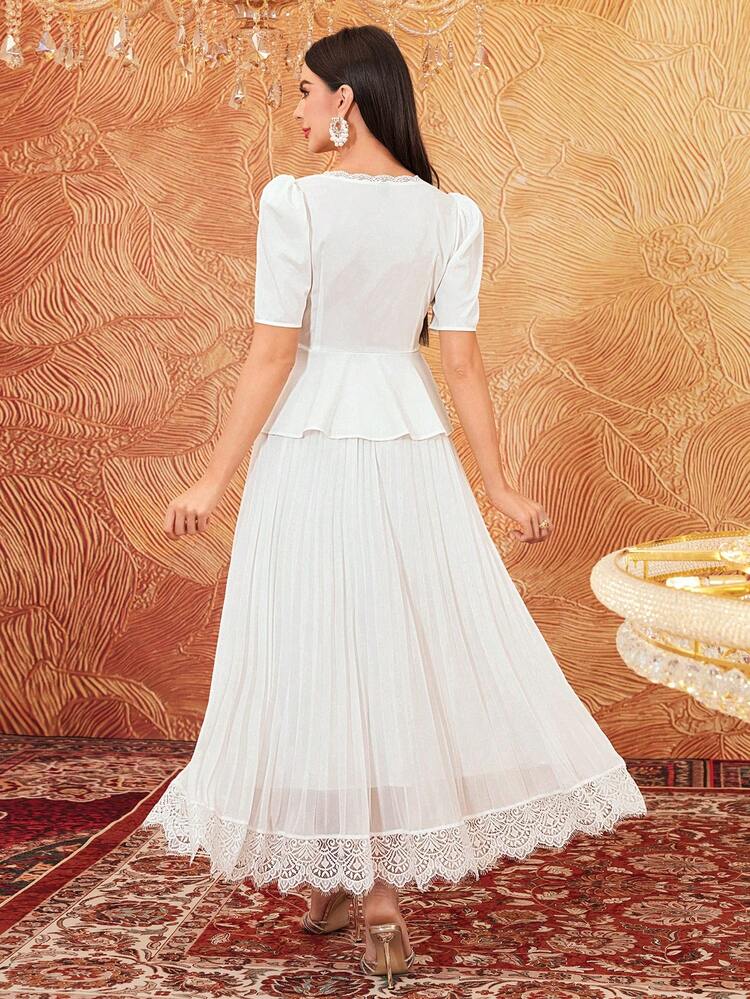Women's Lace Patchwork Square Neck Short Puff Sleeve Top And Skirt Set