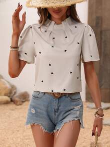 SHEIN Essnce In Trái tim Xếp li Áo sơ mi - Màu be - Xem 4