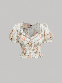 SHEIN MOD قميص نسائي مقصوص بأكمام منتفخة وطبعة زهور - متعدد الألوان - مشاهدة 1