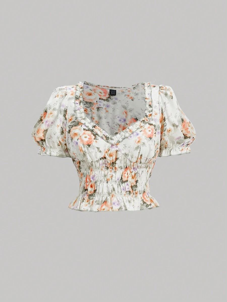 SHEIN MOD قميص نسائي مقصوص بأكمام منتفخة وطبعة زهور - متعدد الألوان - مشاهدة 1