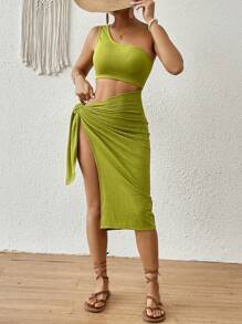 SHEIN VCAY 女士單肩無袖高開叉裙 - 綠色 - 查看 4