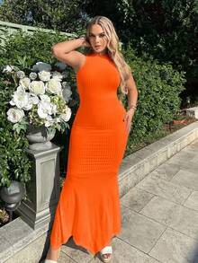 SHEIN SXY Solid Color Ribbed Sleeveless Mermaid Hem Dress - Orange - View 3