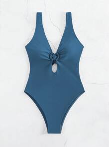 SHEIN Swim Summer Beach Women's Deep V-Neck Monokini Swimsuit With Circular Rings Decoration - Teal Blue - View 7