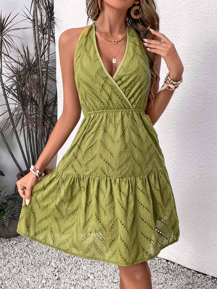 Women's Halter Neck Tie Back Sleeveless Dress With Ruffle Hem