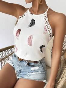 SHEIN Frenchy Women's Tie Back Lace Romantic And Elegant French Style Feather Print Halter Top Summer Casual - Multicolor - View 5