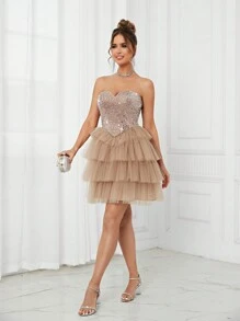 Lovelzi 优雅华丽女士露肩亮片细节分层网眼芭蕾舞短裙适合宴会毕业季假鸡尾酒会礼服舞会半正式婚礼宾客礼服，适合生日返校节 - 杏色 - 查看 5