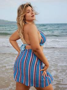 SHEIN Swim Curve Plus Size Color Blocked Striped Swimwear Set, String Bikini Bikini Set Bathing Suit Beach Outfit GRANDPACORE Summer Vacation Bestie Matching Set