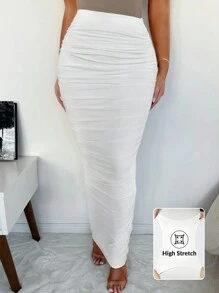 SHEIN SXY 白色長款針織女裙，有褶紋，優雅 - 白色 - 查看 1