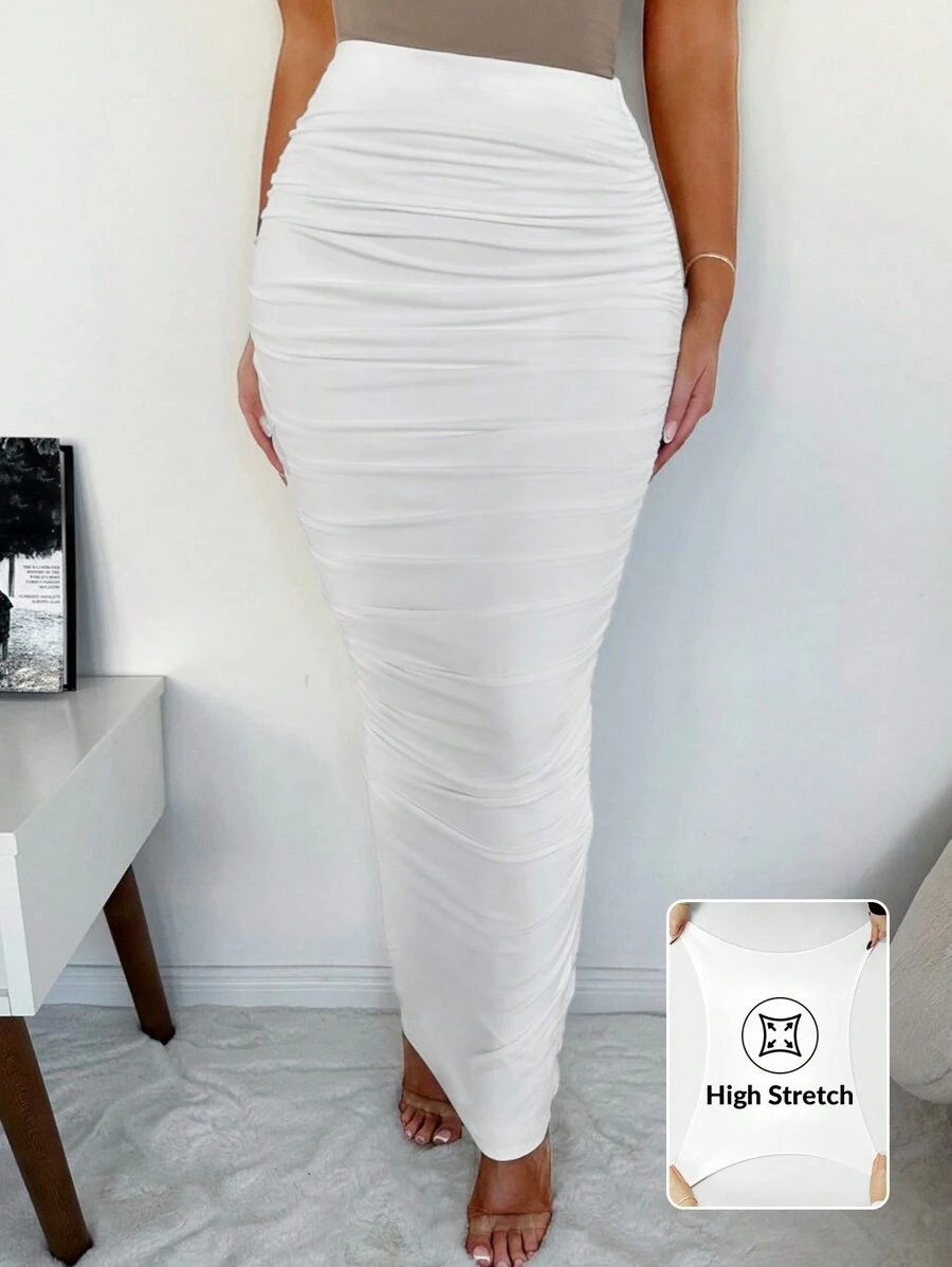 SHEIN SXY 白色長款針織女裙，有褶紋，優雅 - 白色 - 查看 1