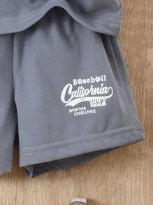SHEIN Baby Boy Letter Printed Round Neck T-Shirt And Shorts Set - Dark Grey - View 7