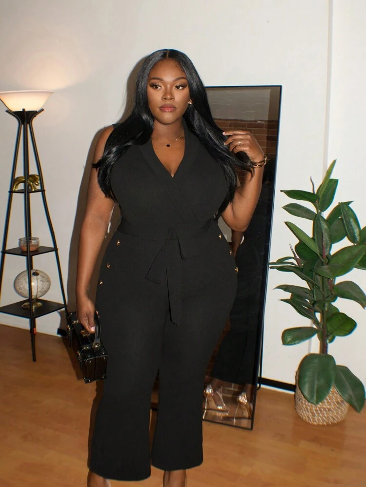 Plus Size Women's Elegant Jumpsuit With Solid Color, Sleeveless, V-Neck, Waist Belt, Metal Buckle And Flared Pants, Perfect For Commuting