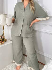 Women's Plus Size Short Sleeve Top And Pants Pajama Set With Color Block Frill Trims - Army Green - View 5