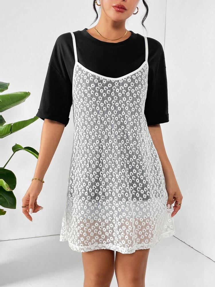 Summer Casual Black T-Shirt And White Vintage Style Lace Cami Layered Dress 2pcs/Set