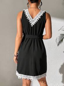 SHEIN LUNE Patchwork Lace Up Bandage Backless Dress - Black - View 2