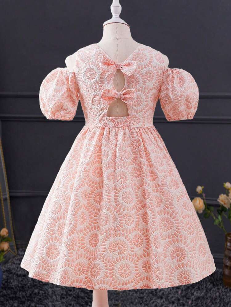 Tween Girls' Jacquard Backless Dress With Hollow Out Bowknot And Off-Shoulder Design