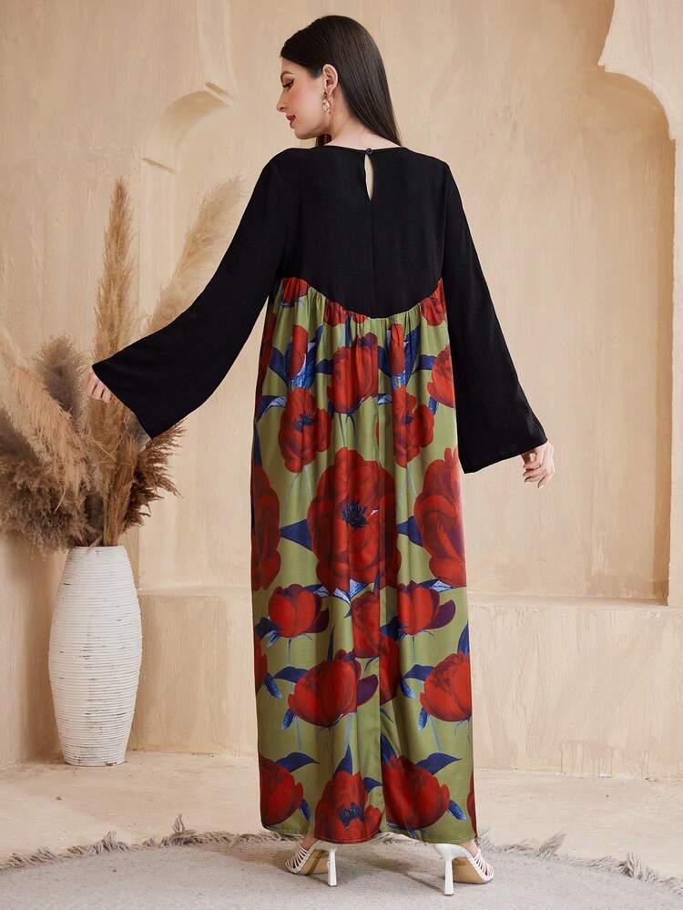 Patchwork Floral Print Loose Fit Round Neck Dress