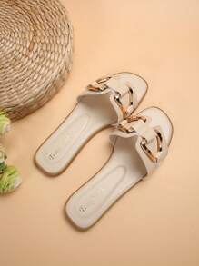 New Women's Anti-Slip Indoor Outdoor Beach Slip-On Flat Sandals With Metallic Decorative Buckle,Spring Summer Outfits - Beige - View 6