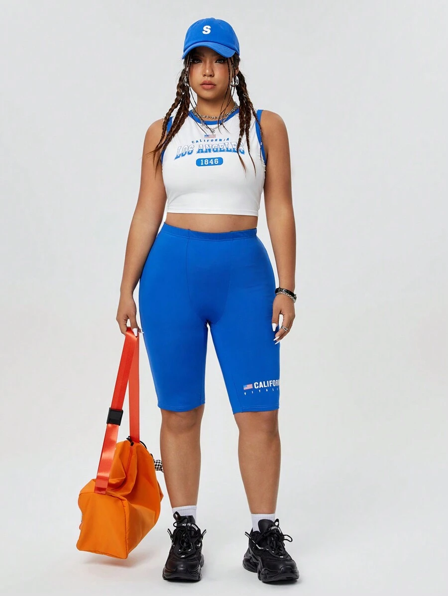 SHEIN EZwear CURVE Conjunto De Top Cropped E Shorts Com Impressão De Letras Em Tamanho Grande