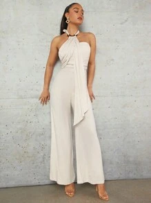 SHEIN BAE Màu Quả mơ Lanh Halterneck Vắt Không đối xứng Dải Băng Đàn hồi Đã thu thập Nhựa Khóa Đồ trang trí Mùa hè Kỳ nghỉ Dài Của phụ nữ Rộng chân Áo liền quần - Màu be - Xem 4