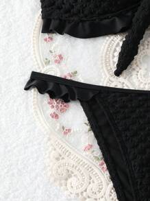 SHEIN Swim 夏季海灘純色紋理無肩帶結綁比基尼套裝 - 黑色 - 查看 3