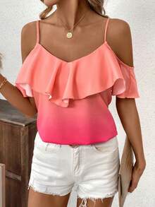 SHEIN Clasi Women's Ombré Off-Shoulder Top With Ruffle Hem Pink Shirt Pink Top - Pink - View 3