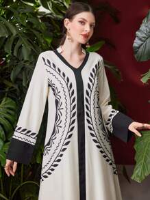 Al Najma 女士印花休閒連衣裙 - 杏色 - 查看 1