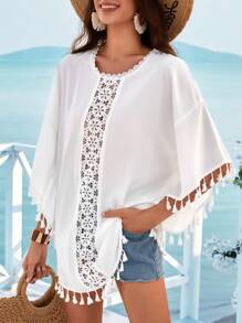 SHEIN VCAY Blusa De Encaje Con Dobladillo De Borlas. Ideal Para Vacaciones - Blanco - Ver 6