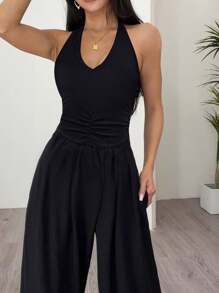 SHEIN X SAMADHI SHEIN Unity 純色夏季休閒露背寬腿連身褲 - 黑色 - 查看 4