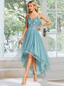 EVERPRETTY Elegant Wedding Dress With Asymmetric Hem, Embroidered Design And Spaghetti Straps - Blue - View 1