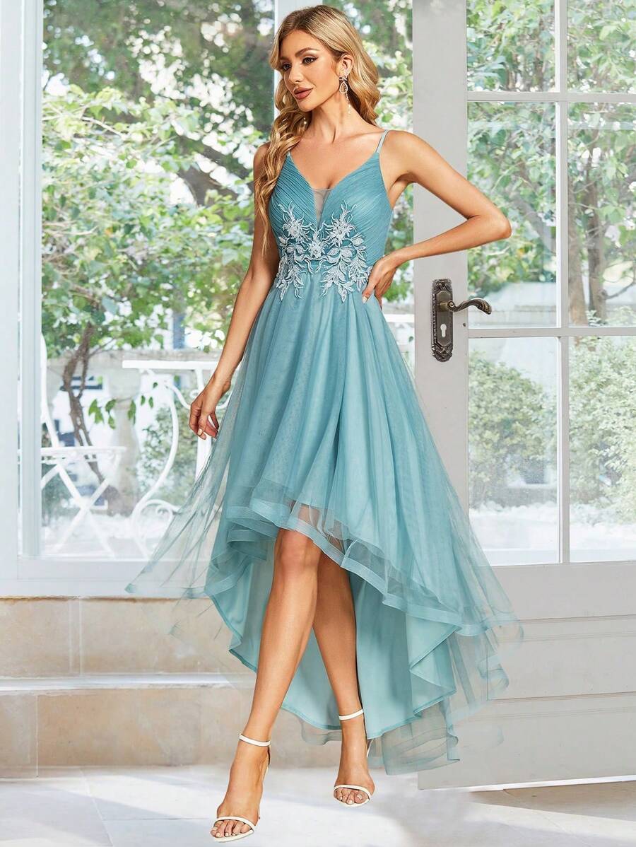 EVERPRETTY Elegant Wedding Dress With Asymmetric Hem, Embroidered Design And Spaghetti Straps - Blue - View 1