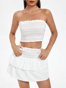 SHEIN Qutie Women's Frill Trim Strapless Top With Contrast Thread & Waistband, And Tiered Skirt Set