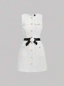 SHEIN MOD Women's Round Neck Single Breasted Sleeveless Dress - White - View 1