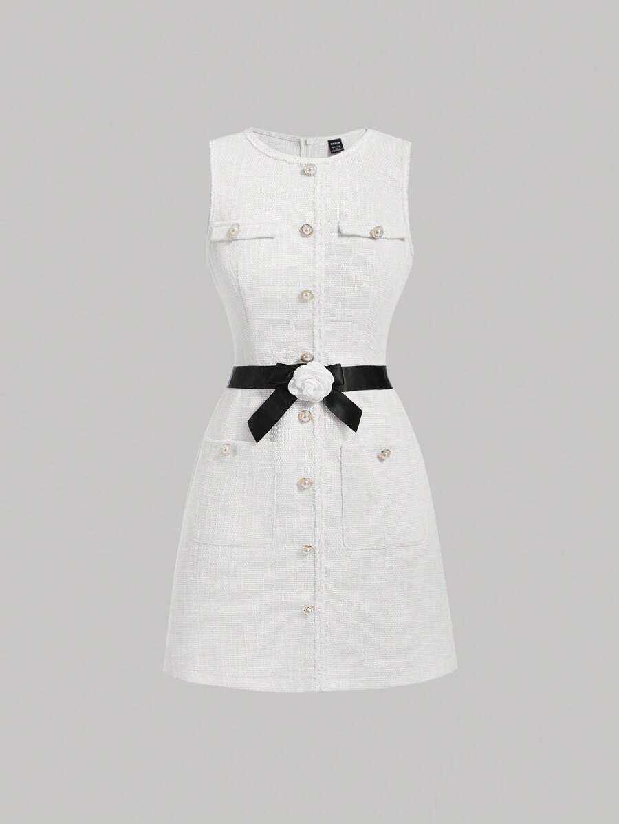 SHEIN MOD Women's Round Neck Single Breasted Sleeveless Dress - White - View 1