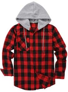 Men Buffalo Plaid Print Drawstring Hooded Shirt Without Tee - Red - View 3