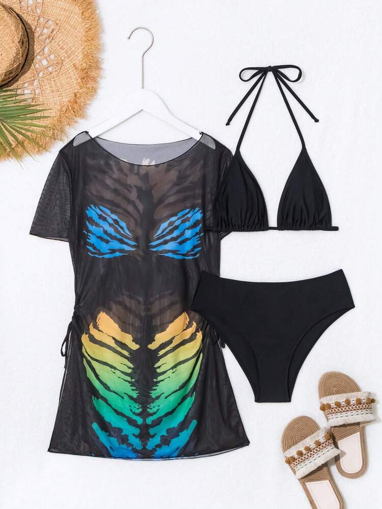 SHEIN Swim 身体印花罩衫和挂脖修身比基尼套装夏季 - 彩色 - 查看 8