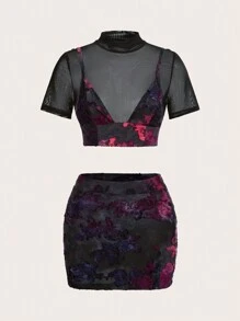 SHEIN ICON 網布面板花紋短上衣和裙子套裝 - 黑色 - 查看 7