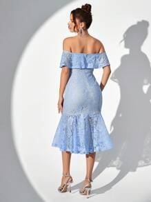 SHEIN Belle 露肩、蕾絲面料、修身美人魚裙 - 淺藍色 - 查看 2