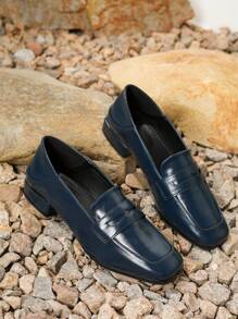 Mocassini piatti vintage a 2 vie per donna, scarpe casual con tacco chunky e punta quadrata - Blu - Visualizzare 3