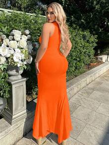 SHEIN SXY Solid Color Ribbed Sleeveless Mermaid Hem Dress - Orange - View 2
