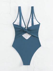 SHEIN Swim Summer Beach Women's Deep V-Neck Monokini Swimsuit With Circular Rings Decoration - Teal Blue - View 4