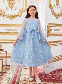 SHEIN Tween Girls' Loose Fit Casual Jacquard Dress With Mesh Jacket 2pcs/Set