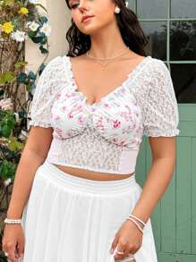 Dreamara Plus Size Women's Lace Panel Floral Print Shirt