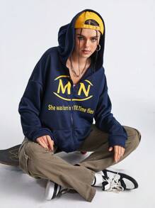 Streetz SHEIN Sport Women's Zipper Front Hooded Sports Jacket With Letter Printing - Royal Blue - View 1