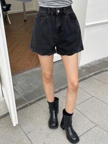 DAZY Denim Shorts With Pleated Design And Slanted Pockets - Dark Grey - View 2
